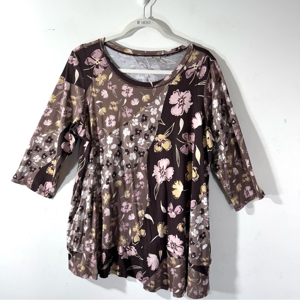 LOGO Lori Goldstein cotton modal Tunic Brown Floral 1X